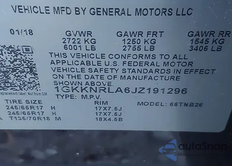 2018 GMC Acadia Sle-1 z USA, uszkodzony, nr VIN 1GKKNRLA6JZ191296